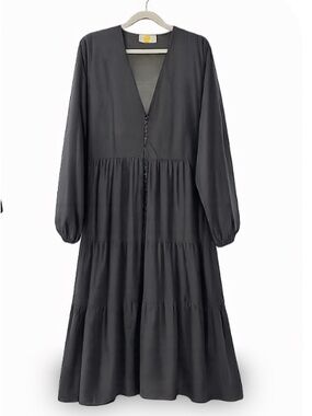 Matteau Black V-Neck Tiered Fitted Button loop Maxi Dress